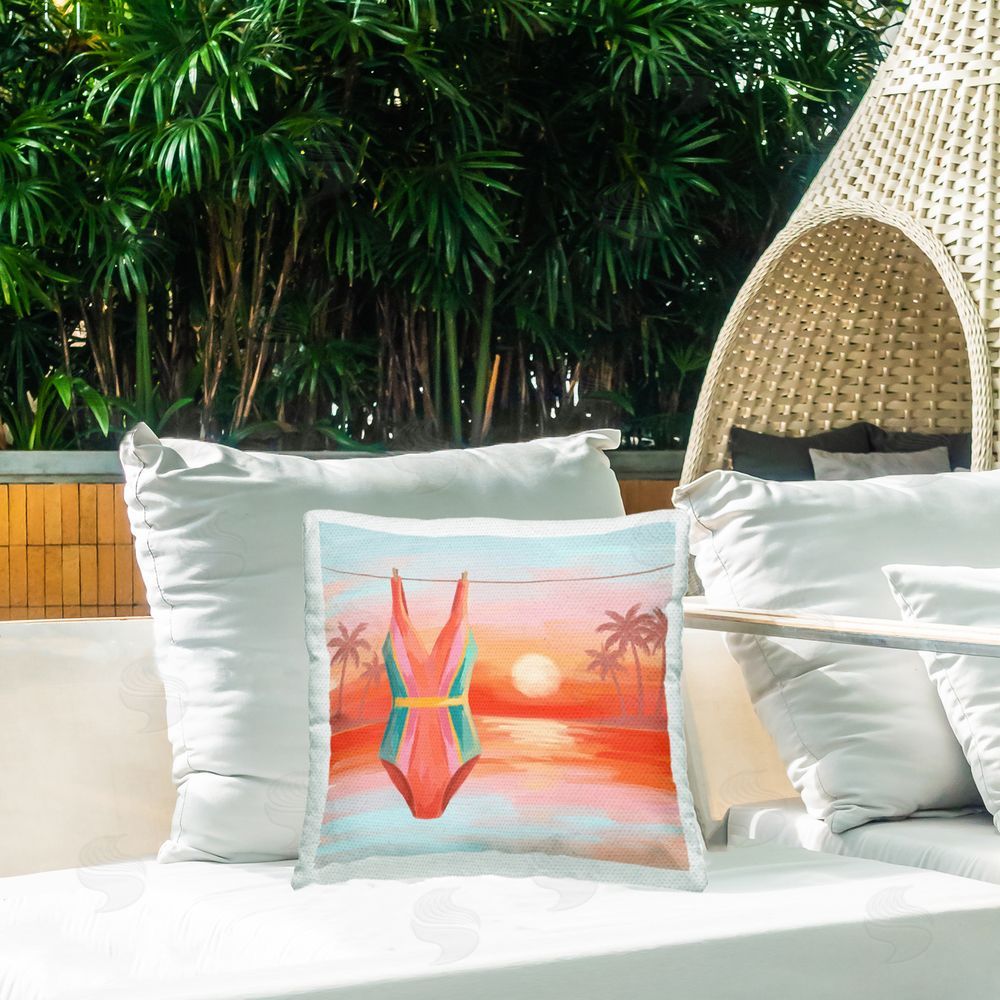 Imagine It Images Swimsuit Clothesline at Sunset Outdoor Quick-Dry Polyester Printed Square Pillow on Patio