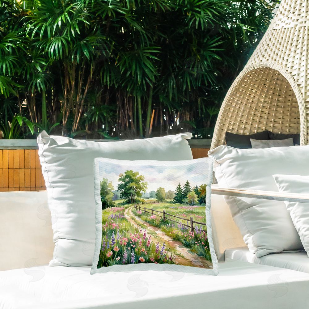Imagine It Images Flowered Road to Countryside Outdoor Quick-Dry Polyester Printed Square Pillow on Patio