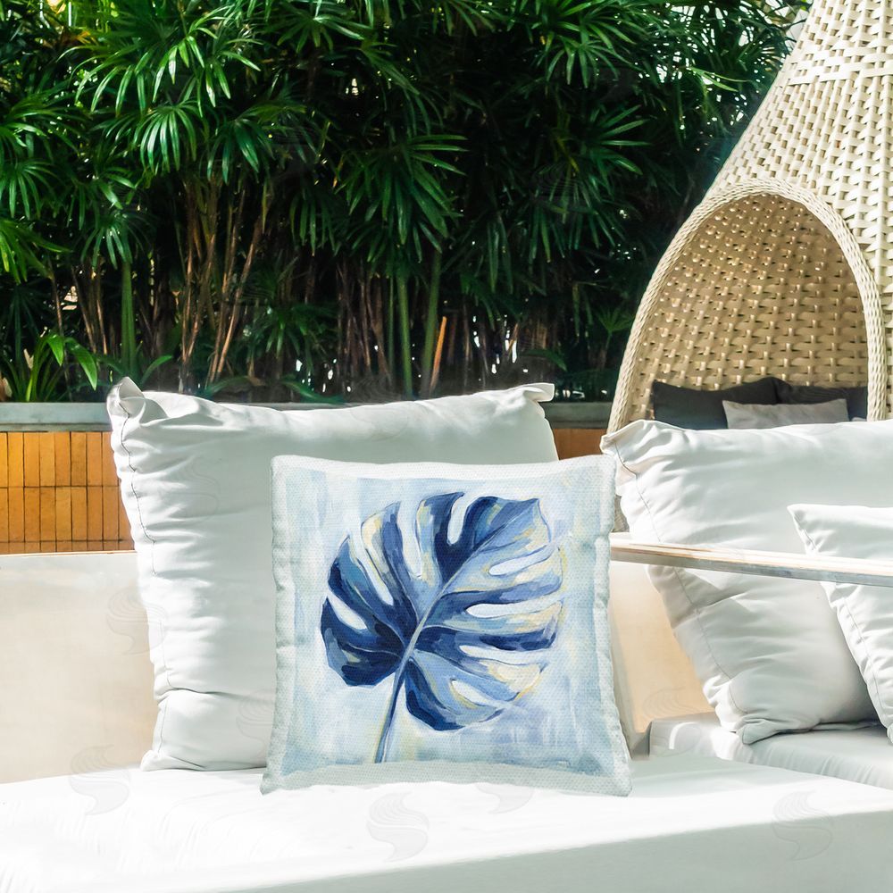Imagine It Images Single Blue Monstera Leaf Outdoor Quick-Dry Polyester Printed Square Pillow on Patio