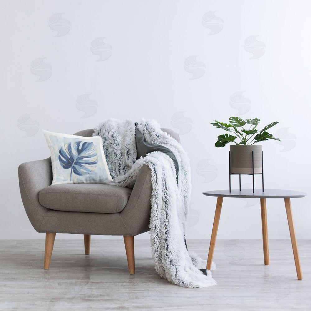 Imagine It Images Single Blue Monstera Leaf Plush Polyester Printed Square Pillow on Chair