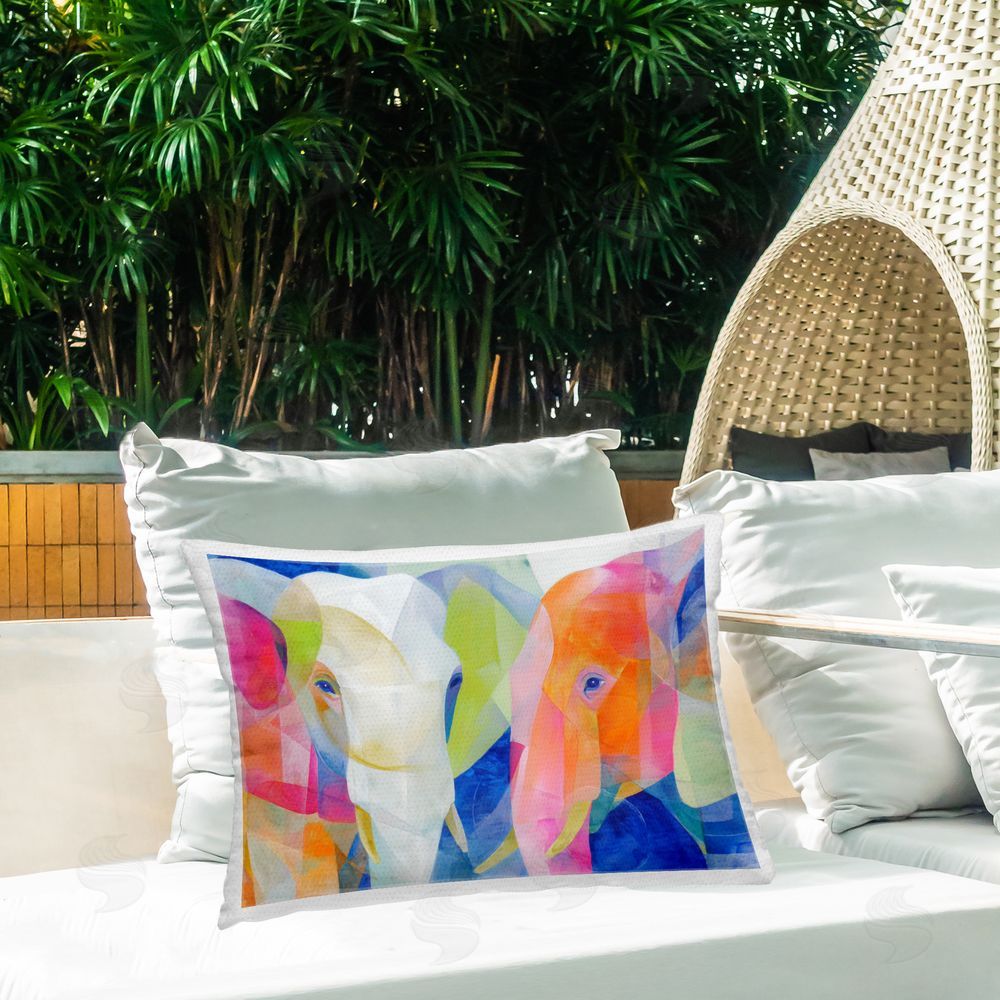 Chromatic Storm Studio Two Elephants Geometric Composition Outdoor Printed Lumbar Throw Pillow on Seat