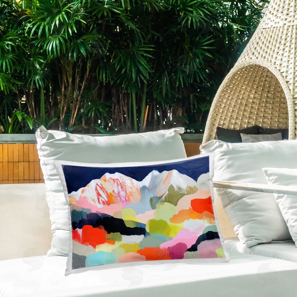 Chromatic Storm Studio Alpine Glow in Vibrant Mountains Outdoor Printed Lumbar Throw Pillow on Seat