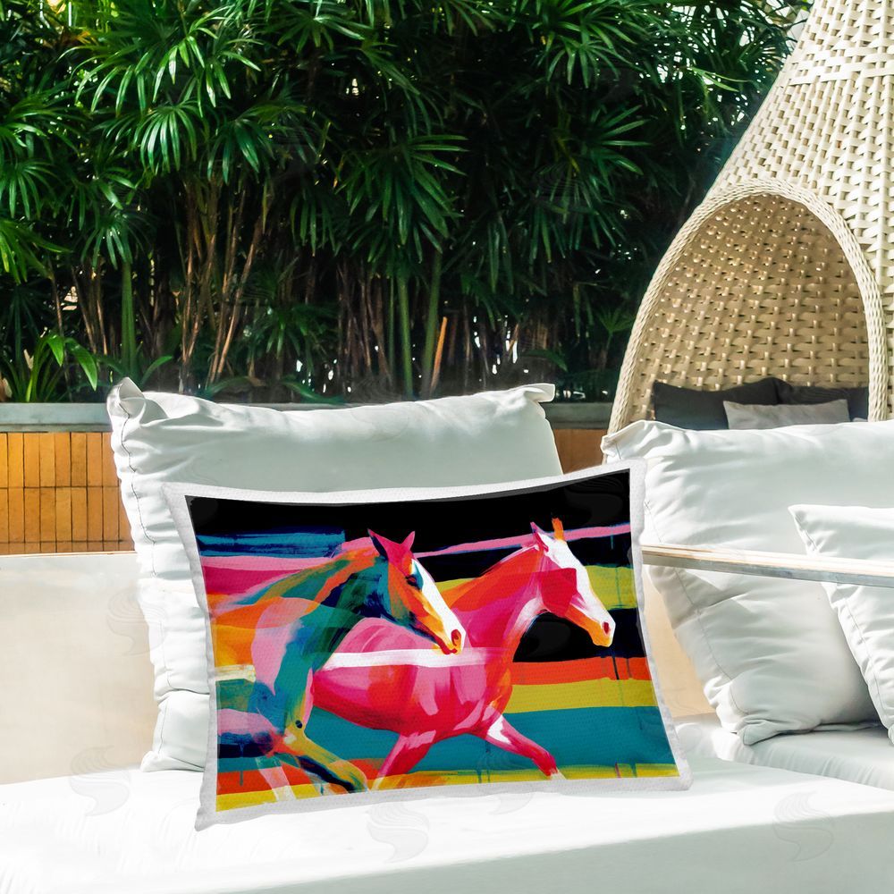 Chromatic Storm Studio Wild Horses Running Through Stripes Outdoor Printed Lumbar Throw Pillow on Seat