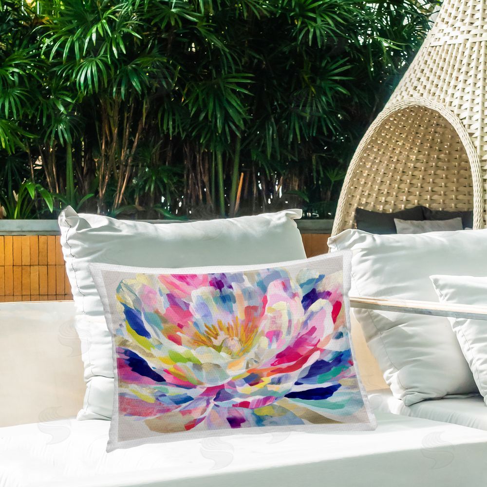 Chromatic Storm Studio Dahlia in Pink & Blue Outdoor Printed Lumbar Throw Pillow on Seat