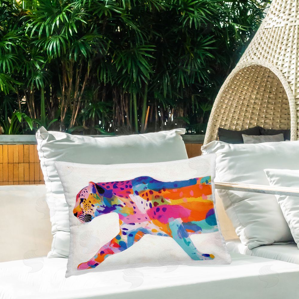 Chromatic Storm Studio Vibrant Hued Cheetah In Motion Outdoor Printed Lumbar Throw Pillow on Seat