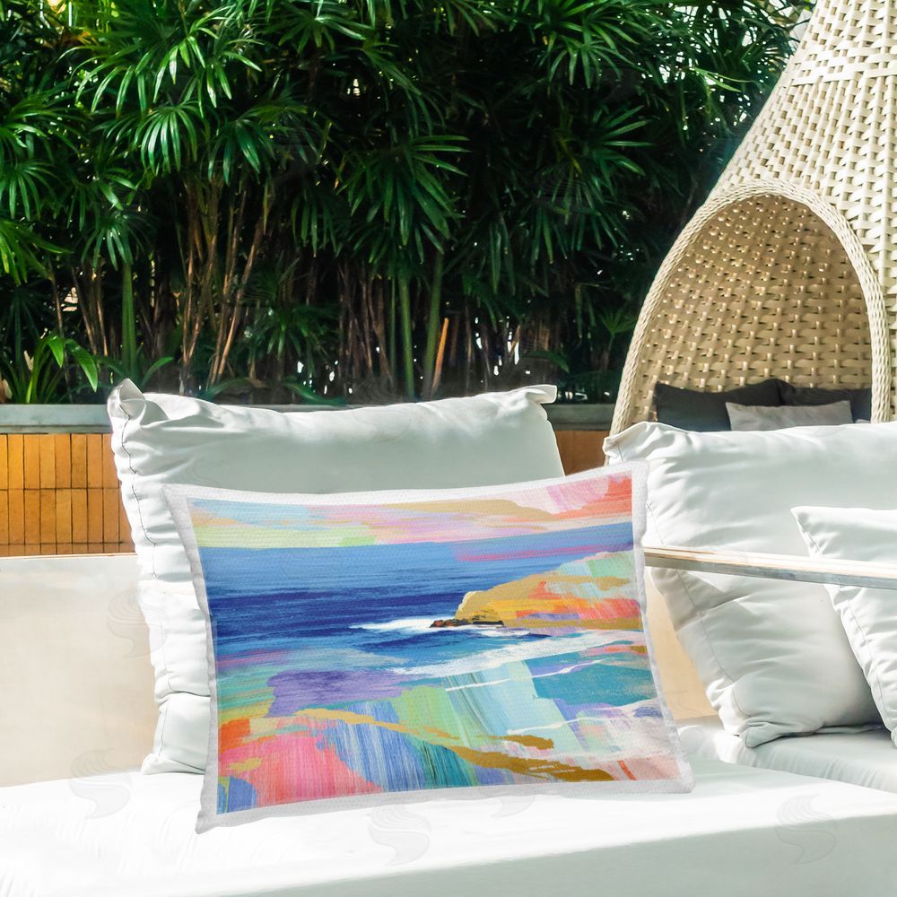 Chromatic Storm Studio Hawaii Coastline Abstraction Outdoor Printed Lumbar Throw Pillow on Seat