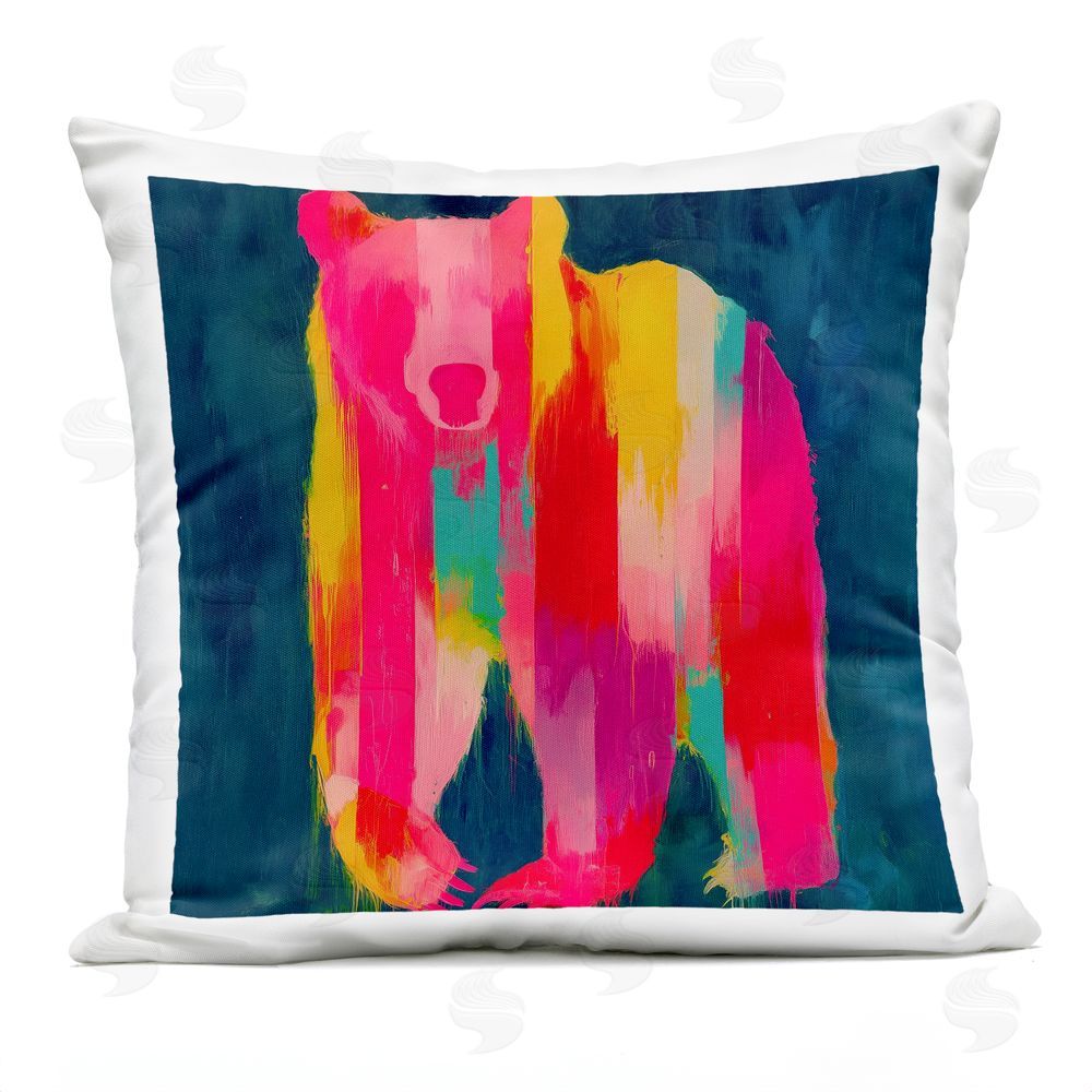 Chromatic Storm Studio Pink & Yellow Bear Standing Tall Outdoor Square Printed Throw Pillow