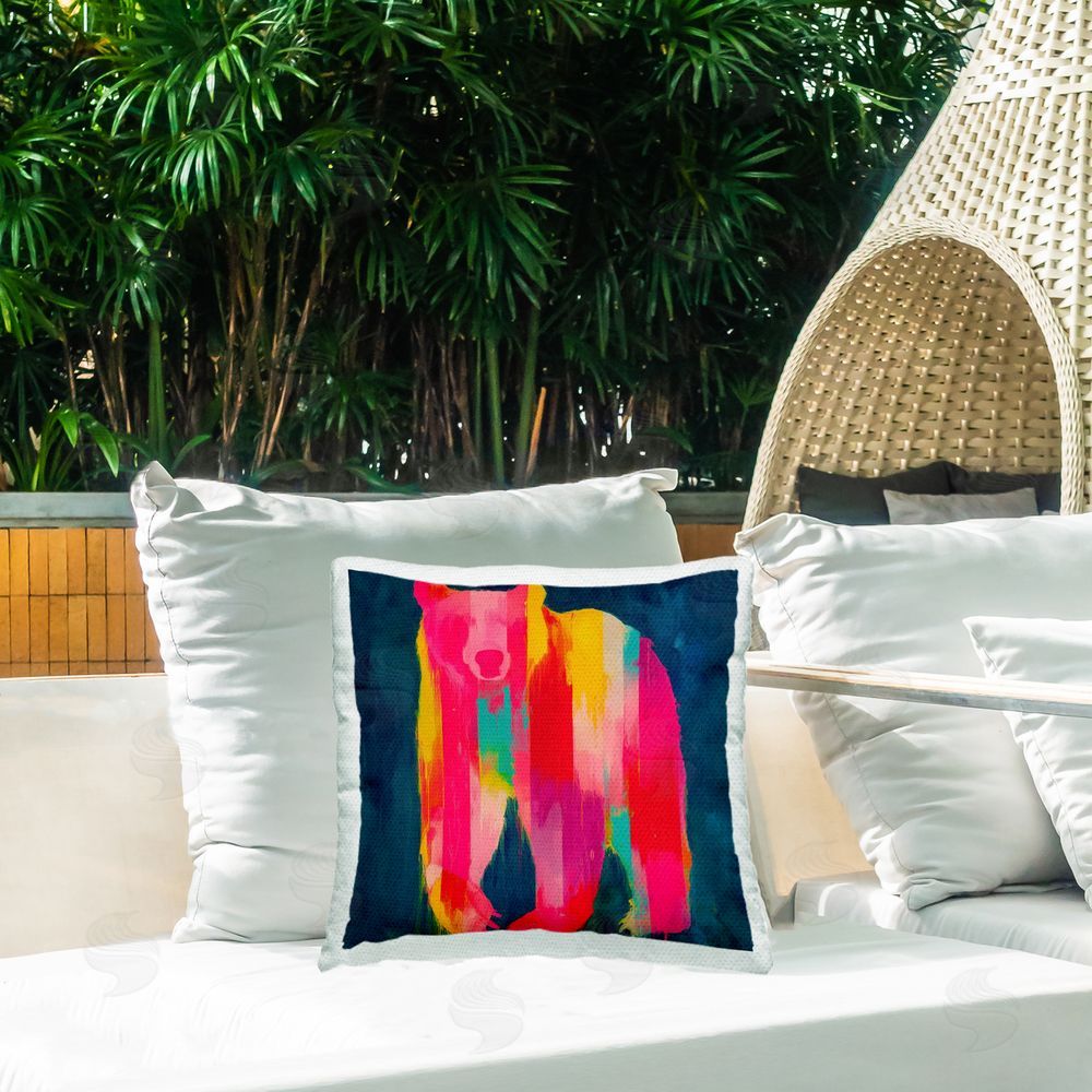 Chromatic Storm Studio Pink & Yellow Bear Standing Tall Outdoor Square Printed Throw Pillow on Seat