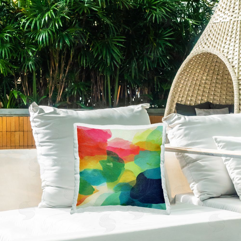 Chromatic Storm Studio Vivid Flowing Color Field Outdoor Square Printed Throw Pillow on Seat