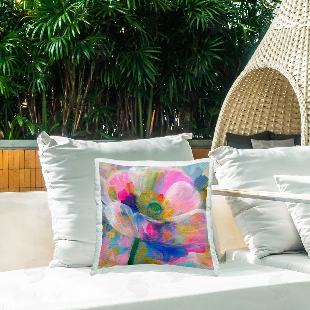 Chromatic Storm Studio Backlit Kaleidoscopic Poppy Outdoor Square Printed Throw Pillow on Seat