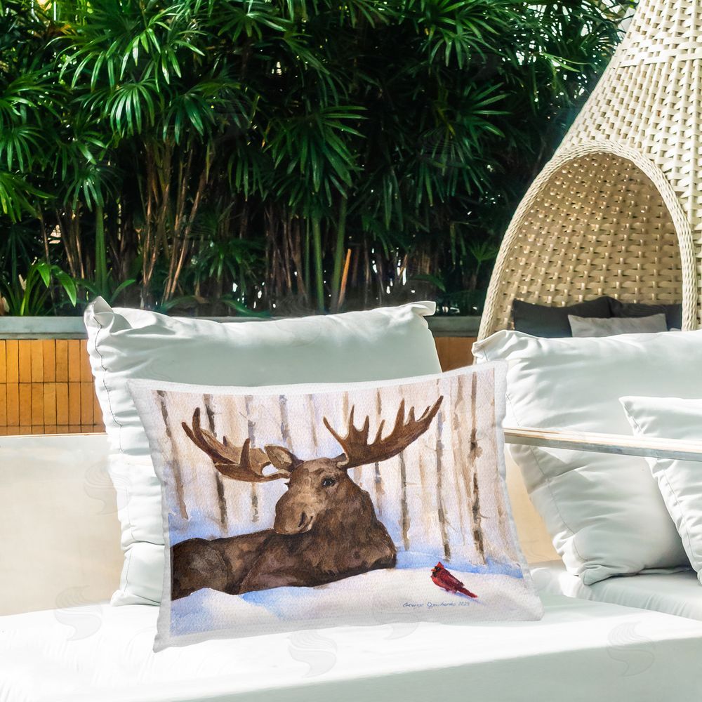 George Dyachenko Moose & Red Cardinal in Snow Outdoor Quick-Dry Polyester Printed Lumbar Pillow on Patio