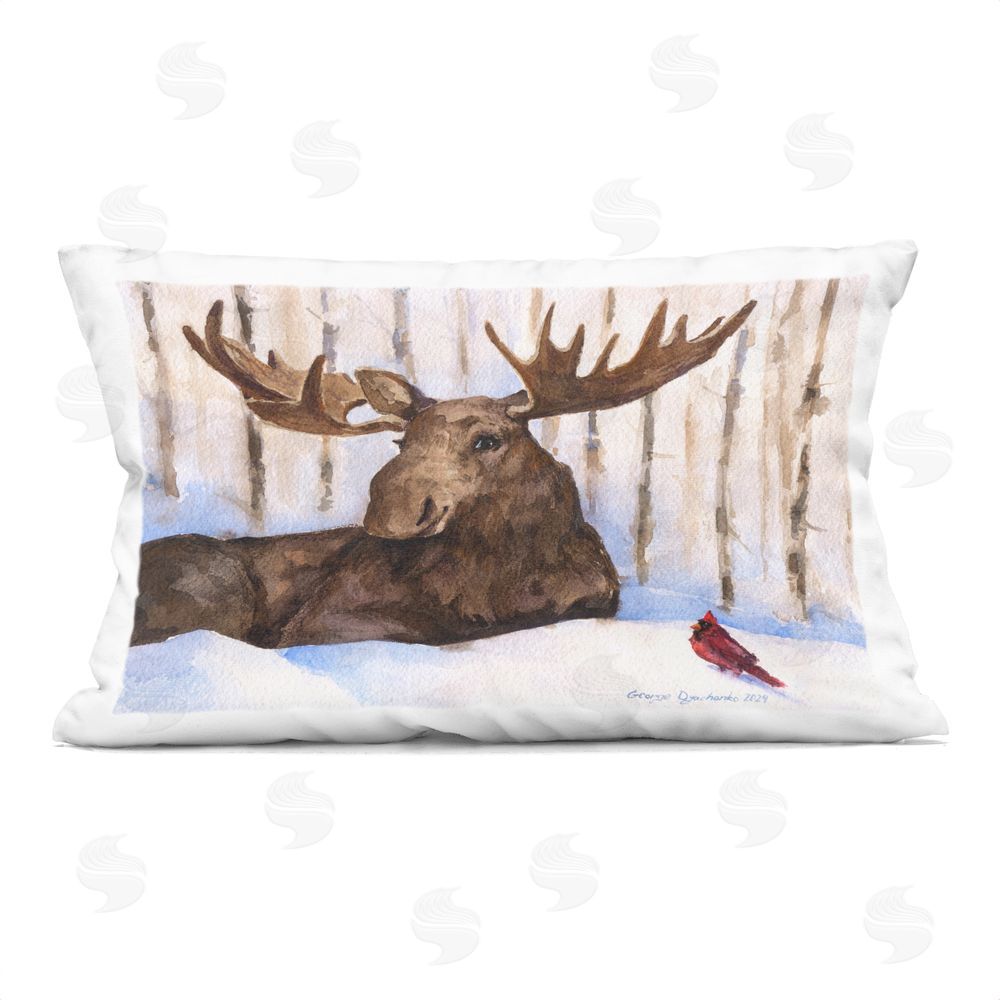 George Dyachenko Moose & Red Cardinal in Snow Indoor Plush Polyester Lumbar Pillow