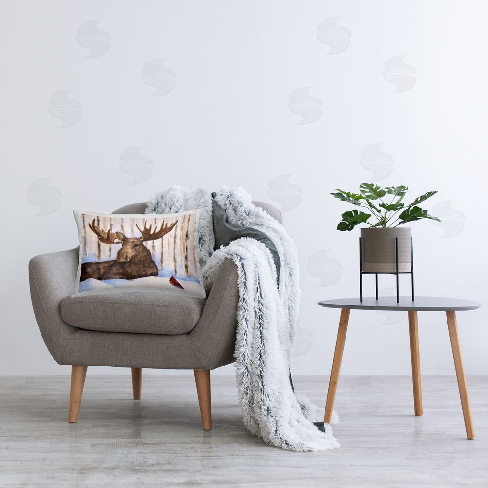 George Dyachenko Moose & Red Cardinal in Snow Plush Polyester Printed Lumbar Pillow on Chair