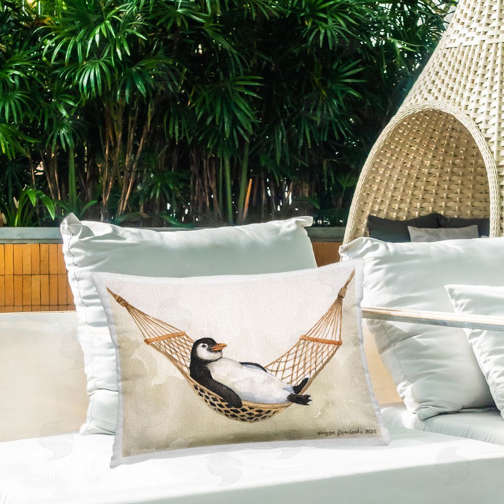 George Dyachenko Penguin On The Hammock Outdoor Quick-Dry Polyester Printed Lumbar Pillow on Patio