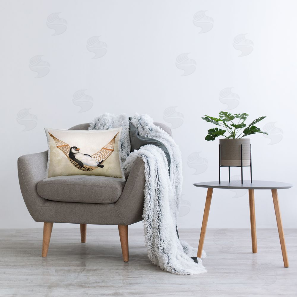 George Dyachenko Penguin On The Hammock Plush Polyester Printed Lumbar Pillow on Chair
