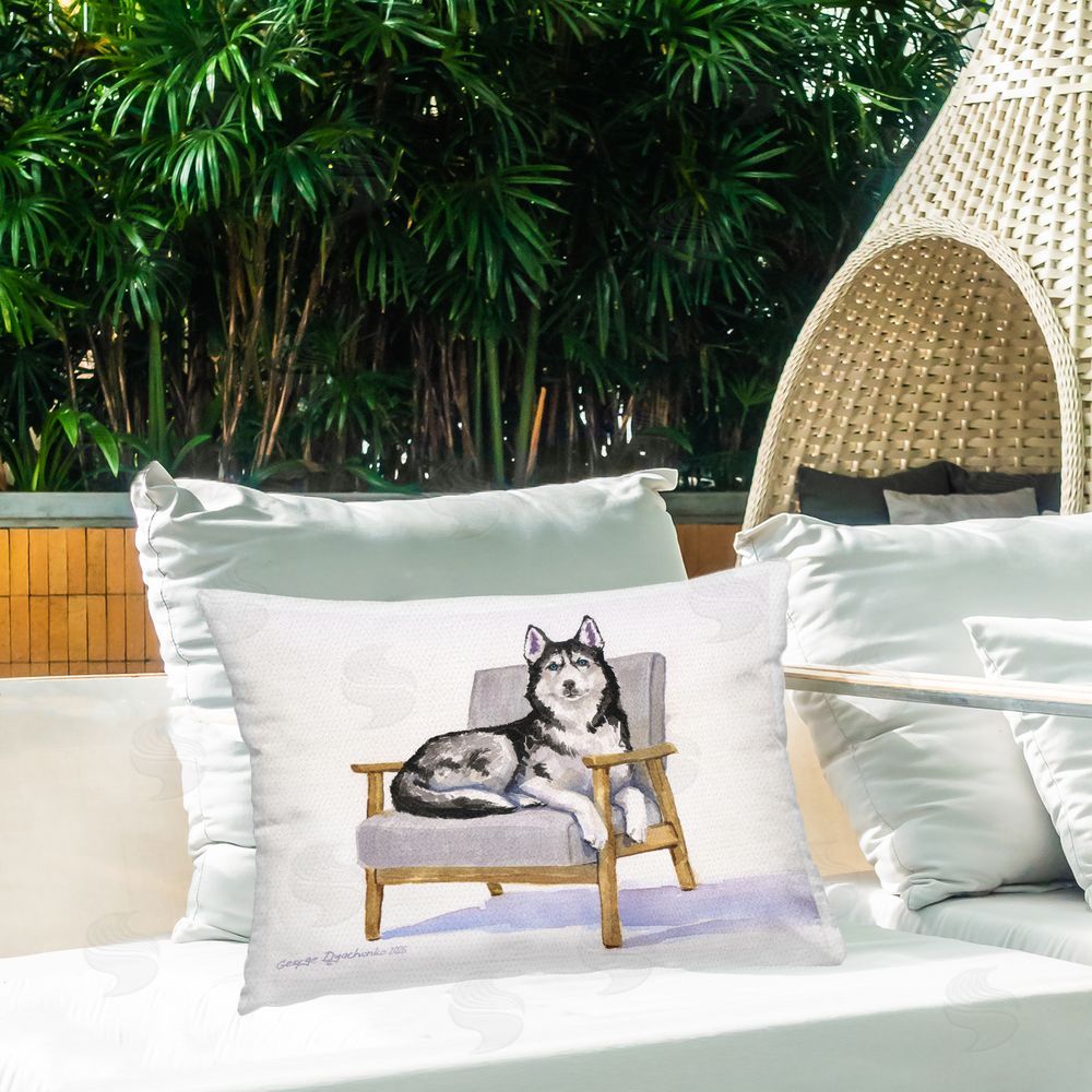 George Dyachenko Husky Perched on Chair Outdoor Quick-Dry Polyester Printed Lumbar Pillow on Patio
