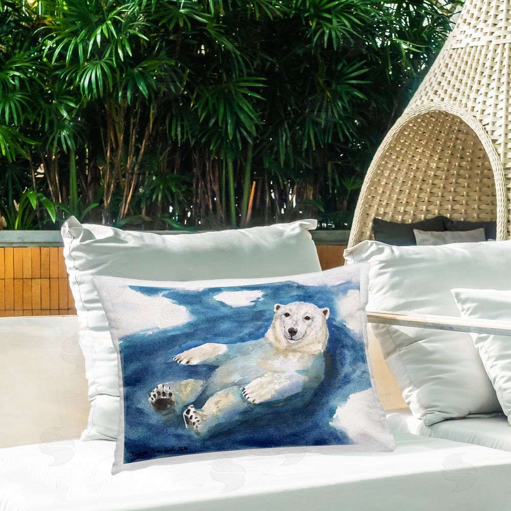 George Dyachenko Floating Polar Bear Bath Time Outdoor Quick-Dry Polyester Printed Lumbar Pillow on Patio