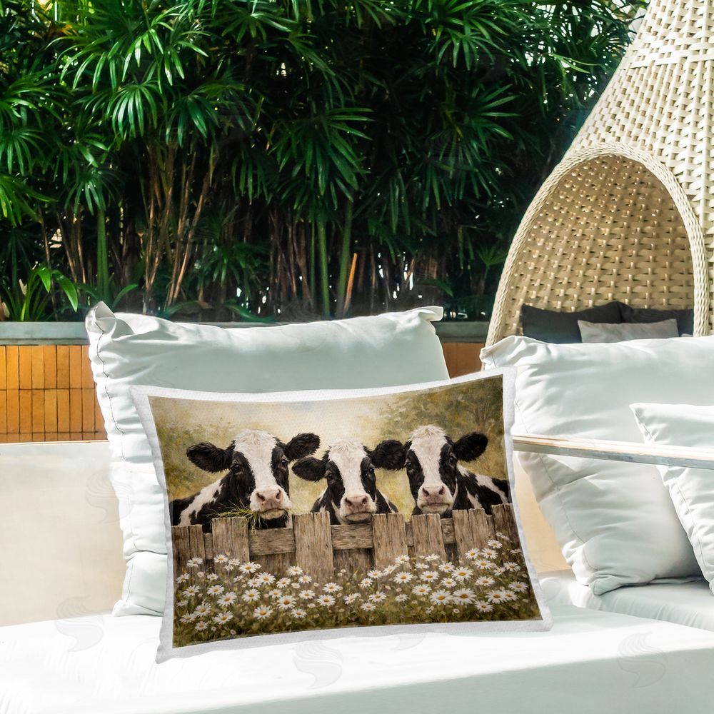Tina LeCour Cows Grazing at Daisy Fence Outdoor Quick-Dry Polyester Printed Lumbar Pillow on Patio