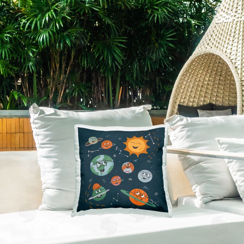 Allyson Norris Happy Planet Pals in Space Outdoor Quick-Dry Polyester Printed Square Pillow on Patio