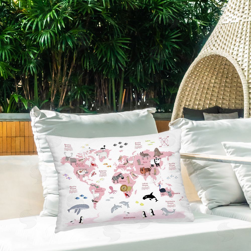 Carla Daly World Map Animals in Pink Outdoor Quick-Dry Polyester Printed Lumbar Pillow on Patio