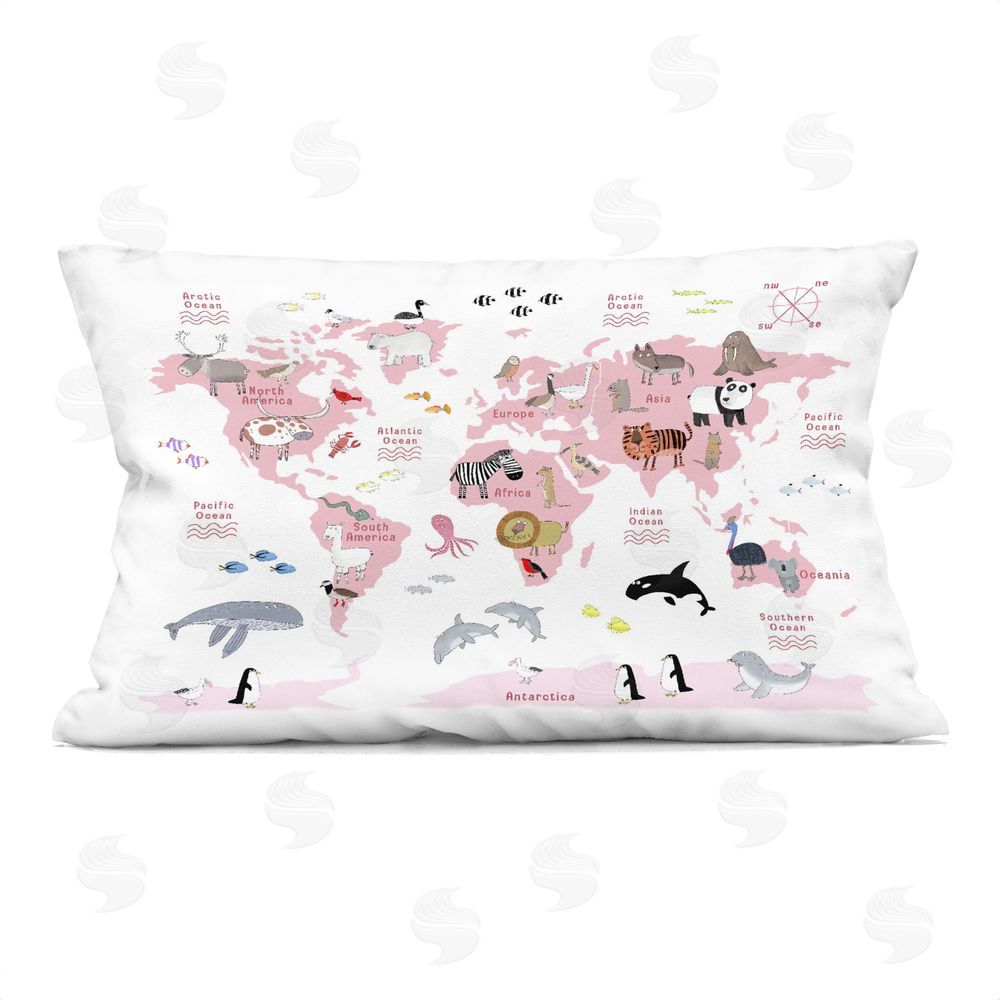 Carla Daly World Map Animals in Pink Indoor Plush Polyester Lumbar Pillow