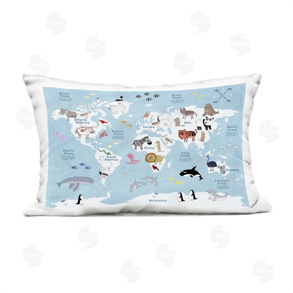 Carla Daly World Map Animals in Blue Outdoor Quick-Dry Polyester Lumbar Pillow