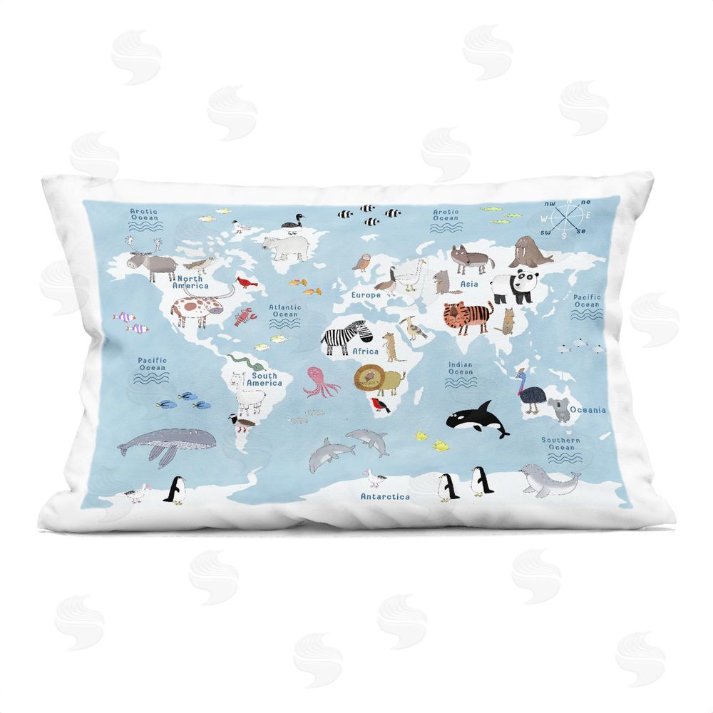 Carla Daly World Map Animals in Blue Indoor Plush Polyester Lumbar Pillow