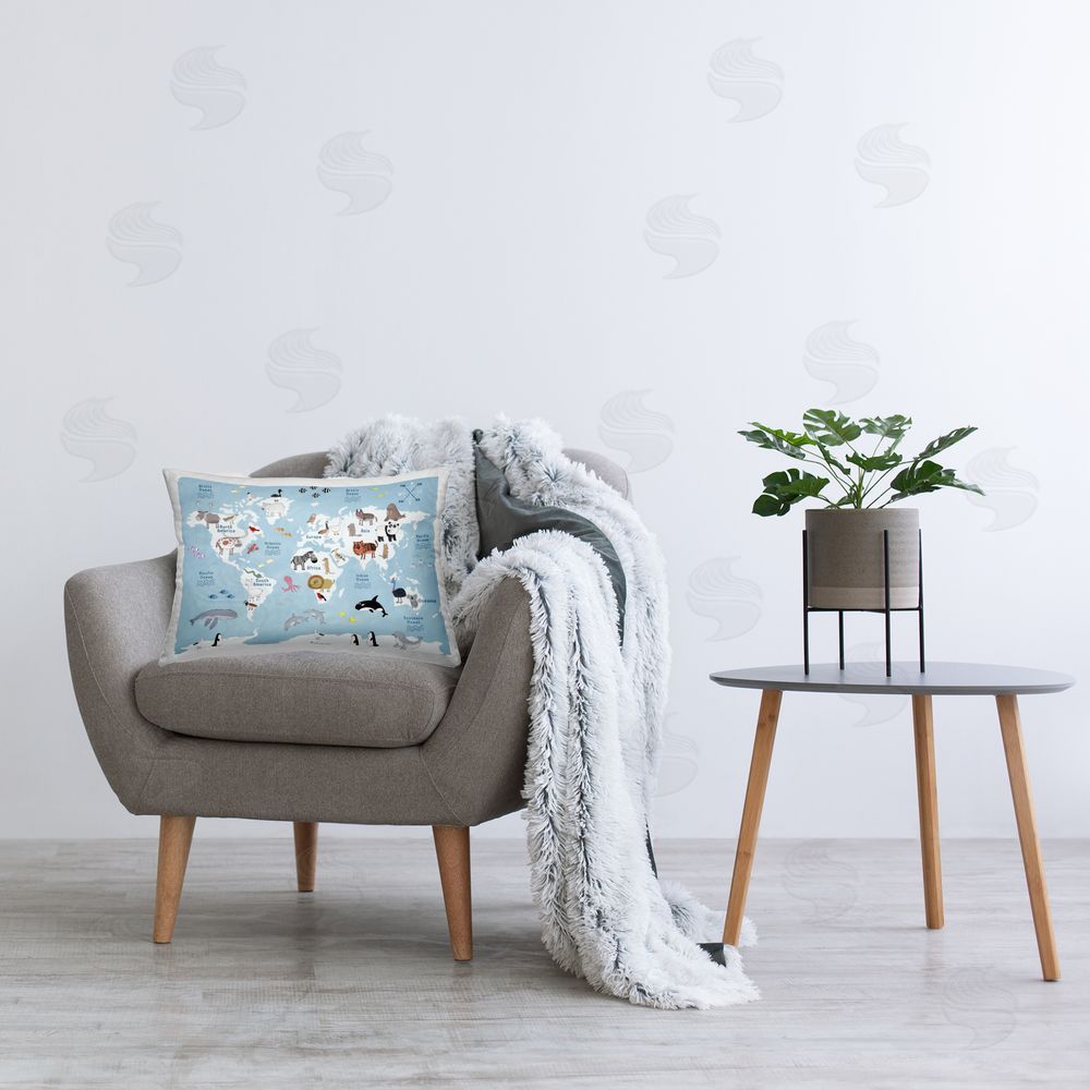 Carla Daly World Map Animals in Blue Plush Polyester Printed Lumbar Pillow on Chair