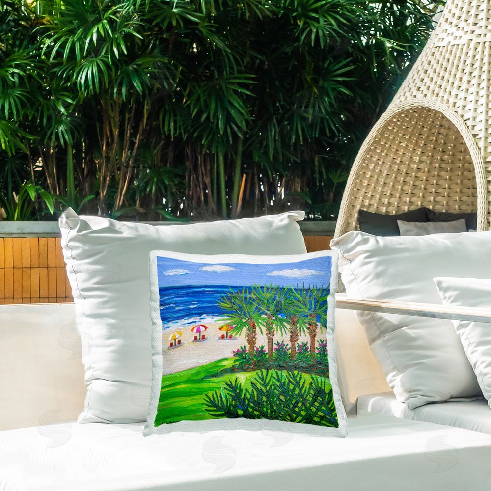 Mandy Buchanan Trio of Chairs on Beach Outdoor Quick-Dry Polyester Printed Square Pillow on Patio