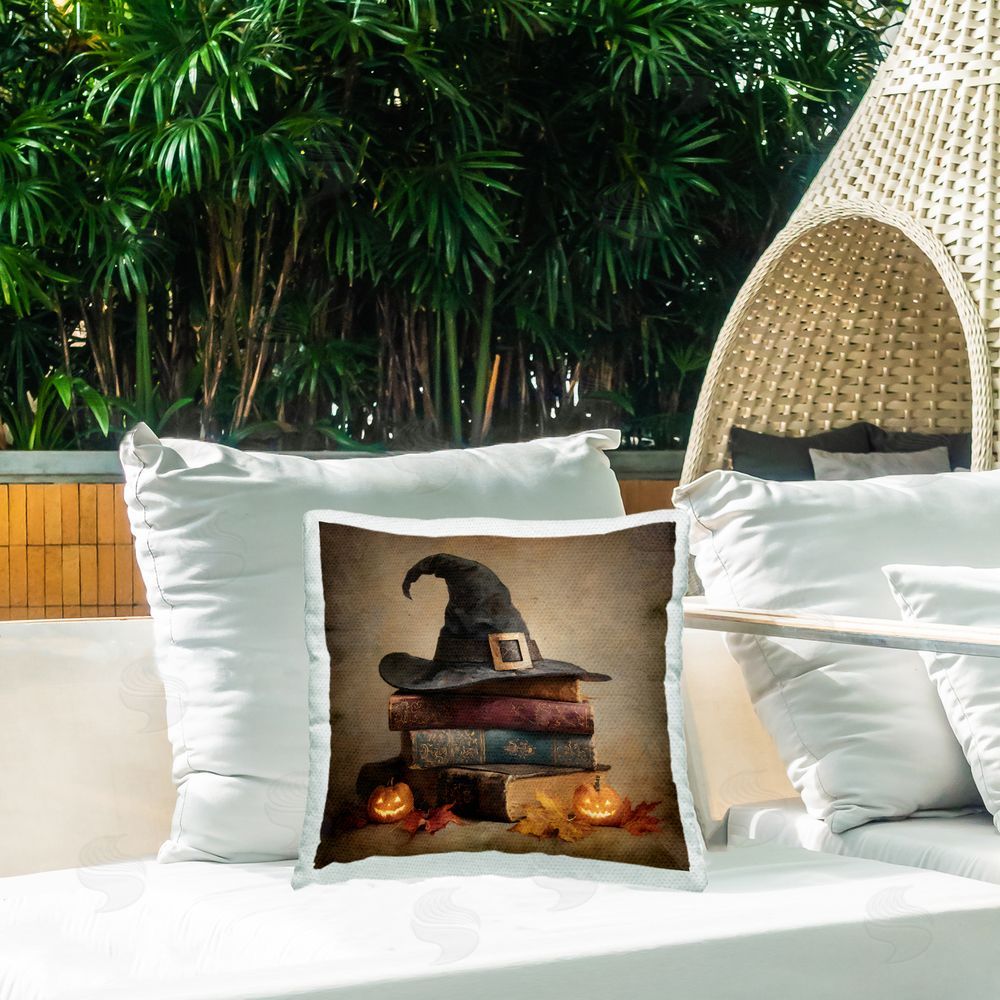 Jacky Ngan Witch Hat on Spooky Book Stack Outdoor Quick-Dry Polyester Printed Square Pillow on Patio