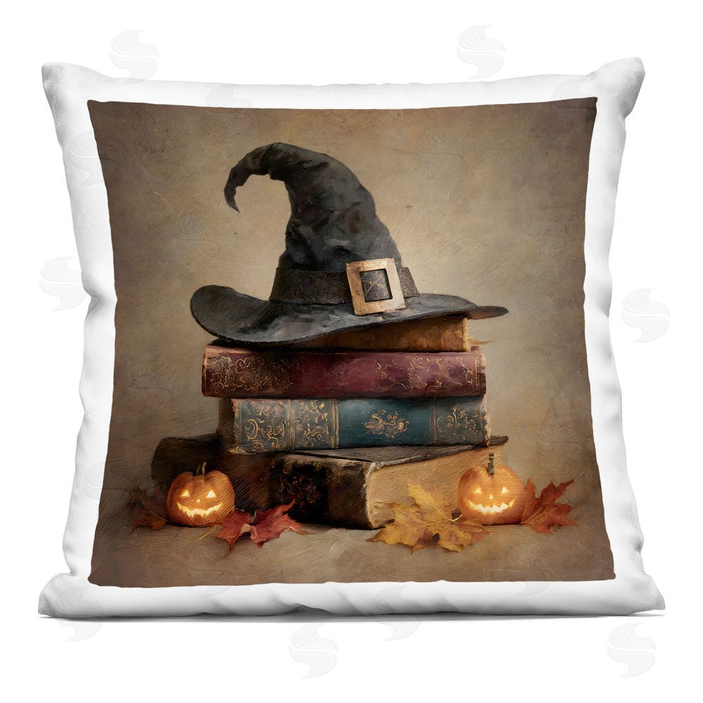 Jacky Ngan Witch Hat on Spooky Book Stack Indoor Plush Polyester Square Throw Pillow