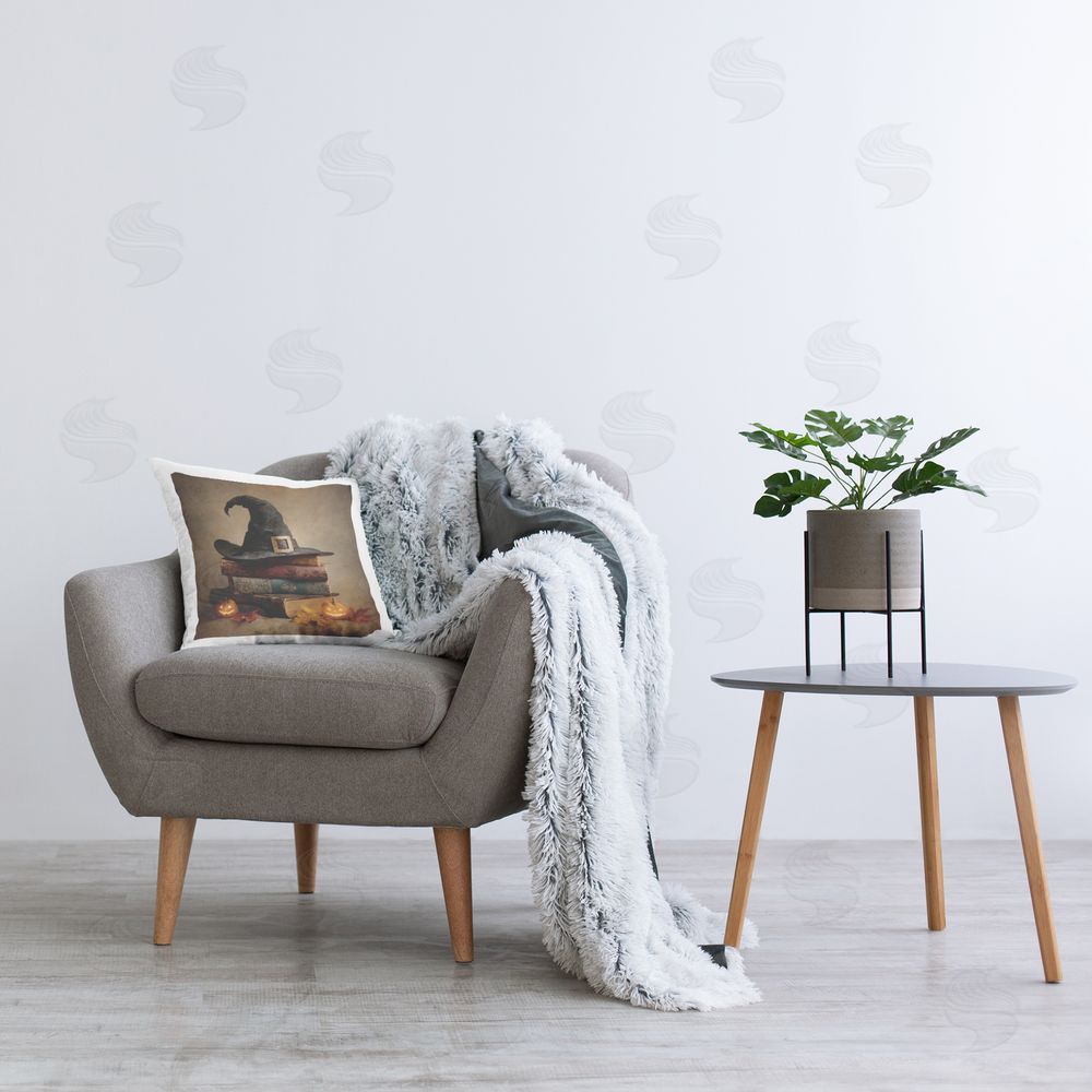Jacky Ngan Witch Hat on Spooky Book Stack Plush Polyester Printed Square Pillow on Chair