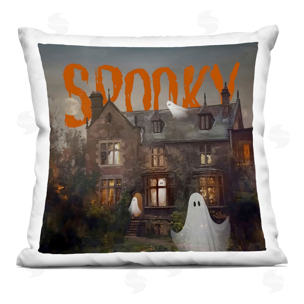 Jacky Ngan Spooky Ghosts Haunting Mansion Indoor Plush Polyester Square Throw Pillow