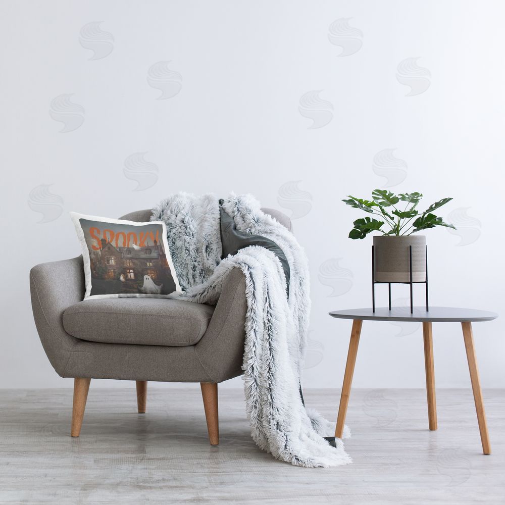 Jacky Ngan Spooky Ghosts Haunting Mansion Plush Polyester Printed Square Pillow on Chair