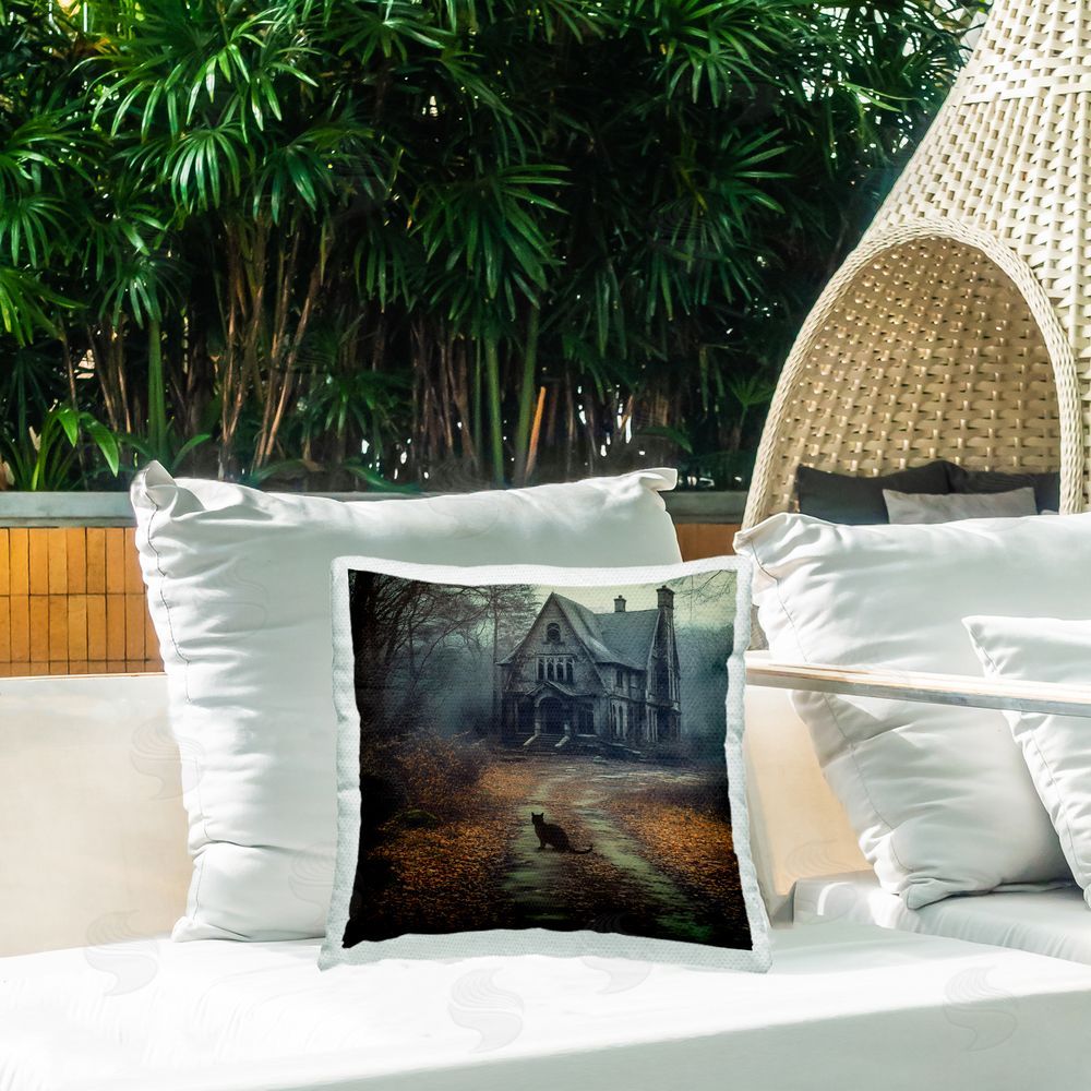 Jacky Ngan Cat at Eerie Haunted Mansion Outdoor Quick-Dry Polyester Printed Square Pillow on Patio