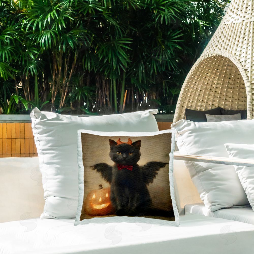 Jacky Ngan Winged Cat with Jack-o-Lantern Outdoor Quick-Dry Polyester Printed Square Pillow on Patio