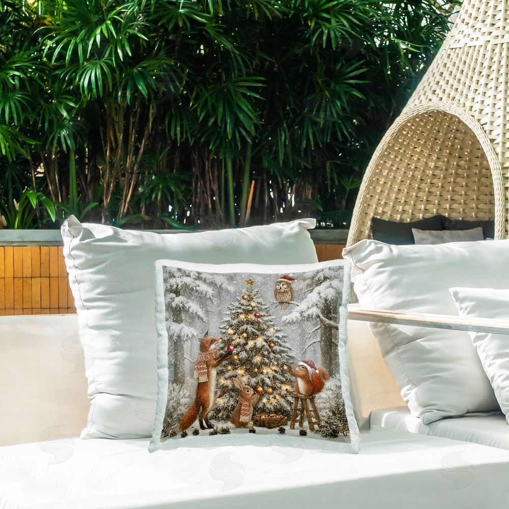 Jacky Ngan Winter Forest Animals Adorning Tree Outdoor Quick-Dry Polyester Printed Square Pillow on Patio