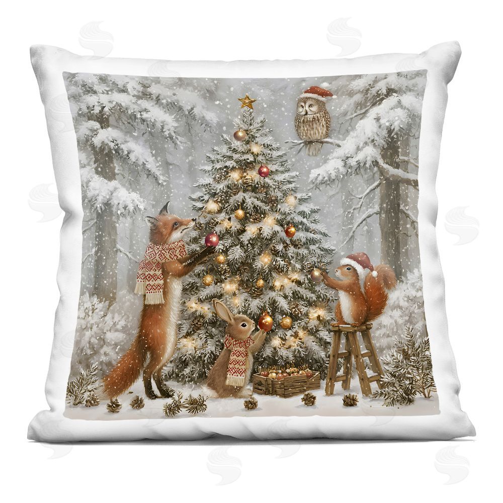 Jacky Ngan Winter Forest Animals Adorning Tree Indoor Plush Polyester Square Throw Pillow