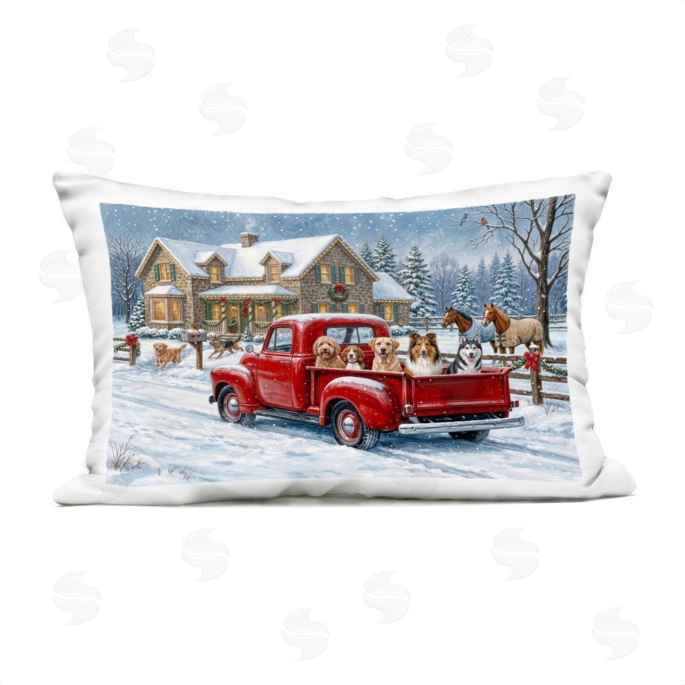 Imagine It Images Festive Winter Truck & Dogs Outdoor Quick-Dry Polyester Lumbar Pillow