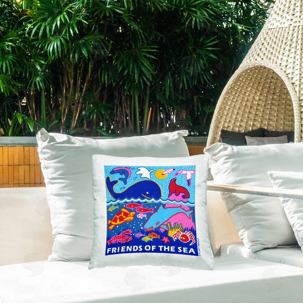 Hillary Vermont Friends Of The Sea Outdoor Quick-Dry Polyester Printed Square Pillow on Patio
