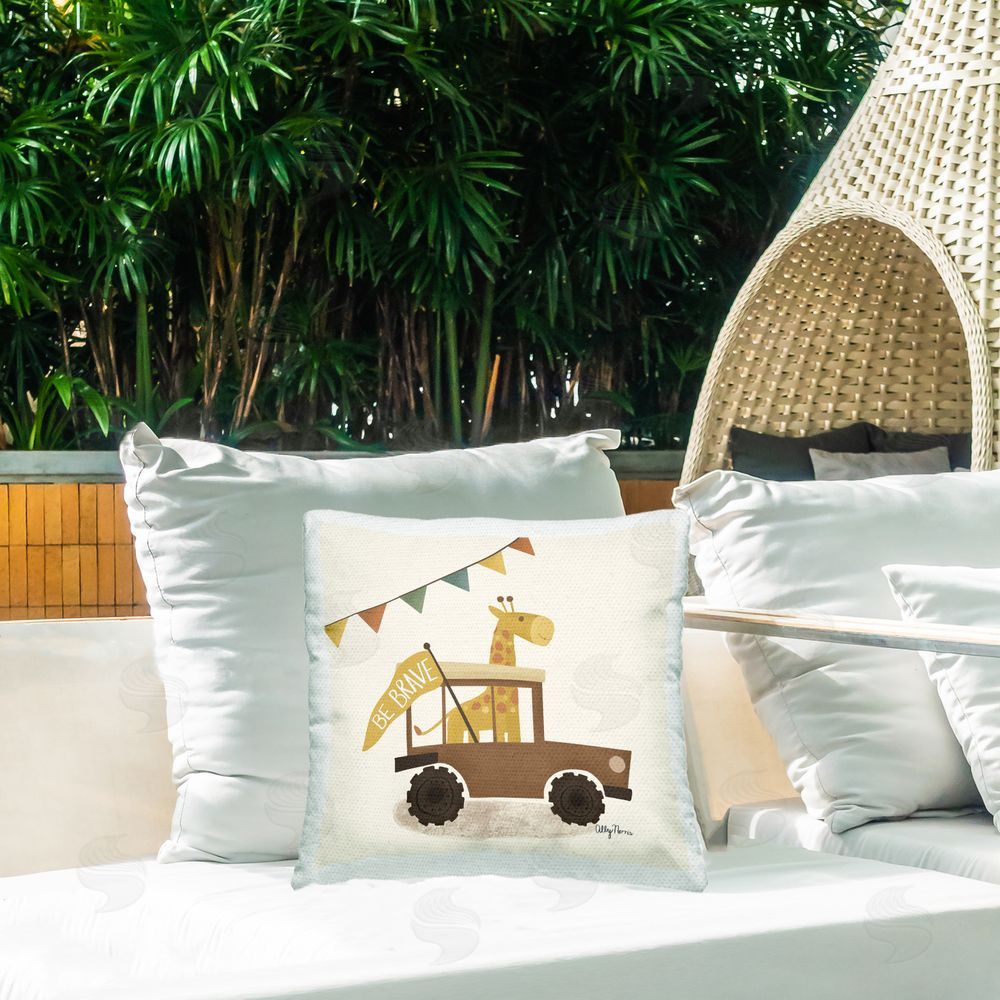 Allyson Norris Be Brave Giraffe in Car Outdoor Quick-Dry Polyester Printed Square Pillow on Patio