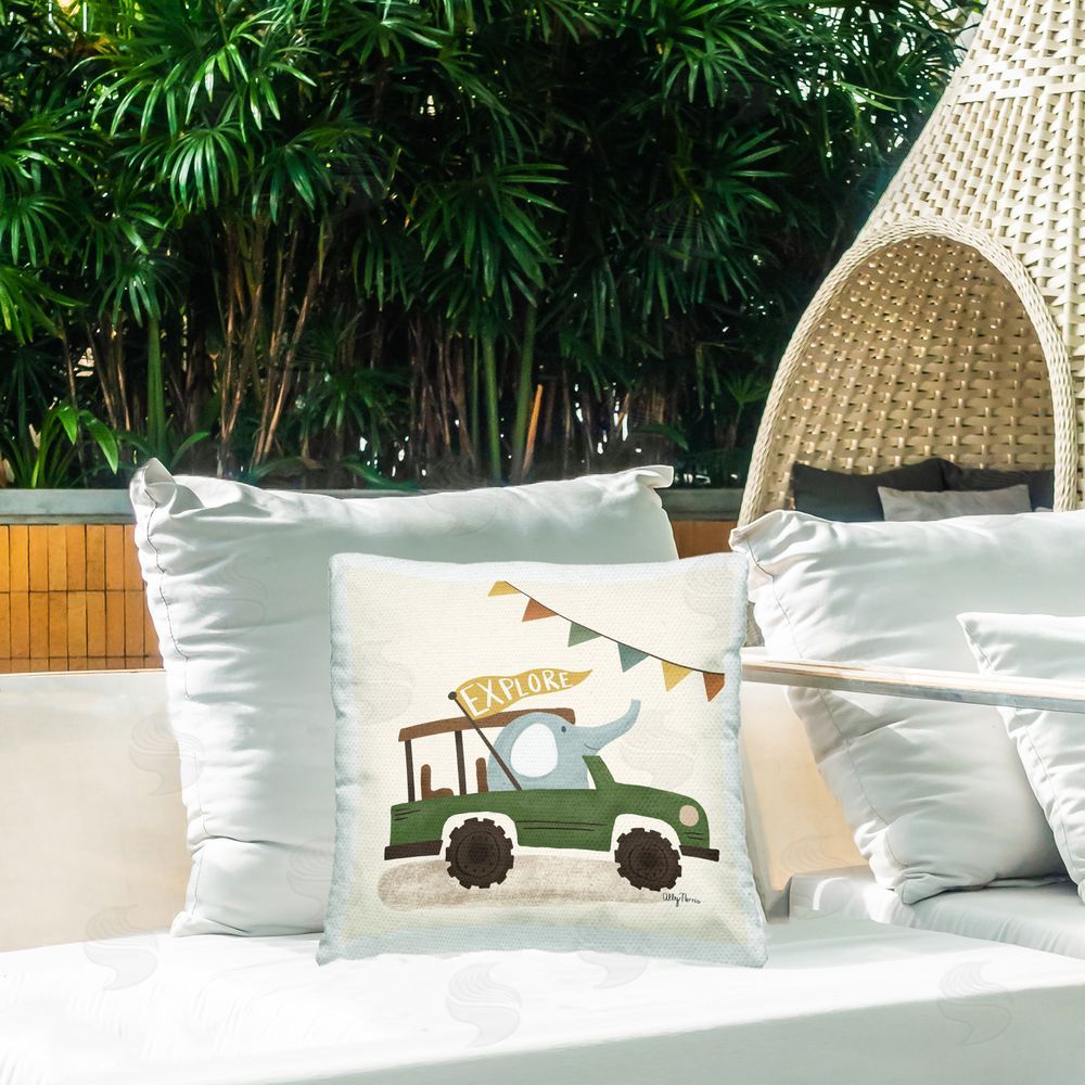 Allyson Norris Explore Elephant in Car Outdoor Quick-Dry Polyester Printed Square Pillow on Patio