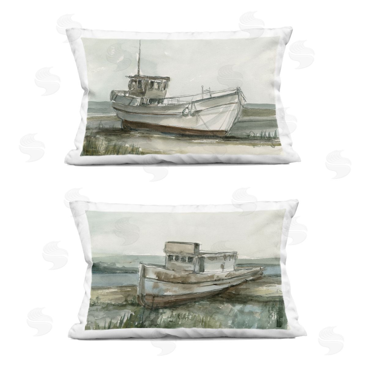 Ethan Harper Abandoned Fishing Boats Plush Polyester Art Print Pillow