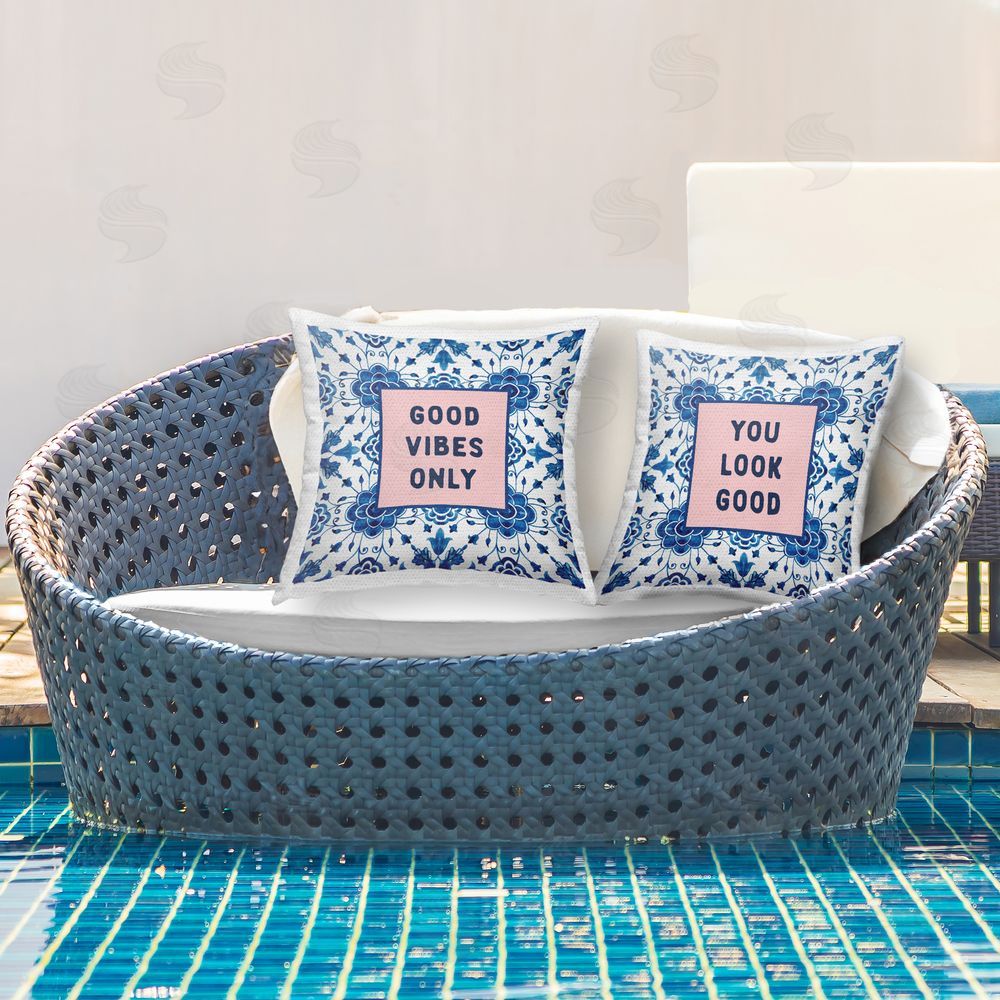 Lettered and Lined Inspiring Messages On Boho Pattern Outdoor Pillow Set on Patio