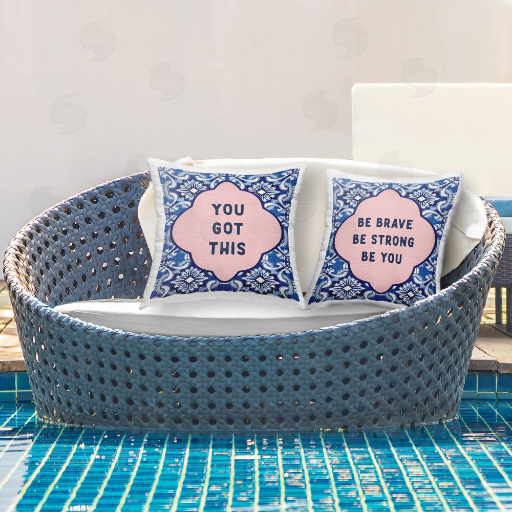 Lettered and Lined Encouraging Words on Boho Outdoor Pillow Set on Patio