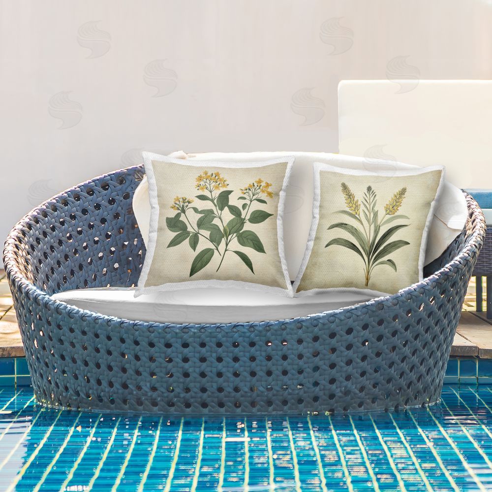 Petal Prints Design Vintage Yellow Bushels and Wheat Outdoor Printed Throw Pillow on Patio