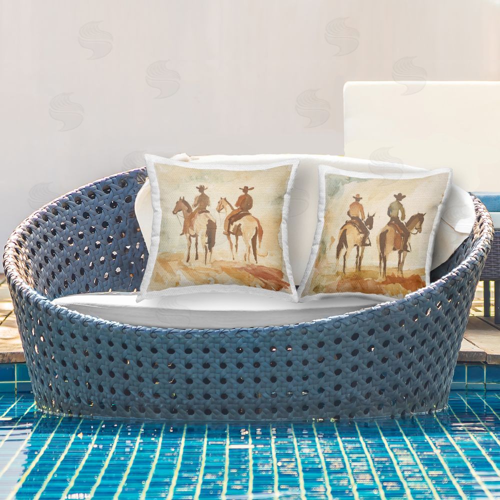 Petal Prints Design Western Watercolor Cowboy Pairs Outdoor Printed Throw Pillow on Patio
