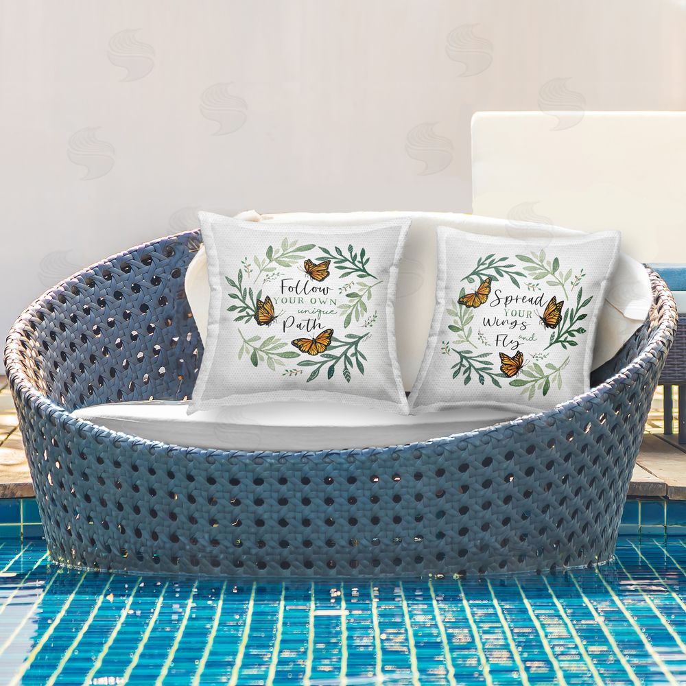 Elizabeth Tyndall Spread Your Wings and Follow Path Outdoor Printed Throw Pillow on Patio