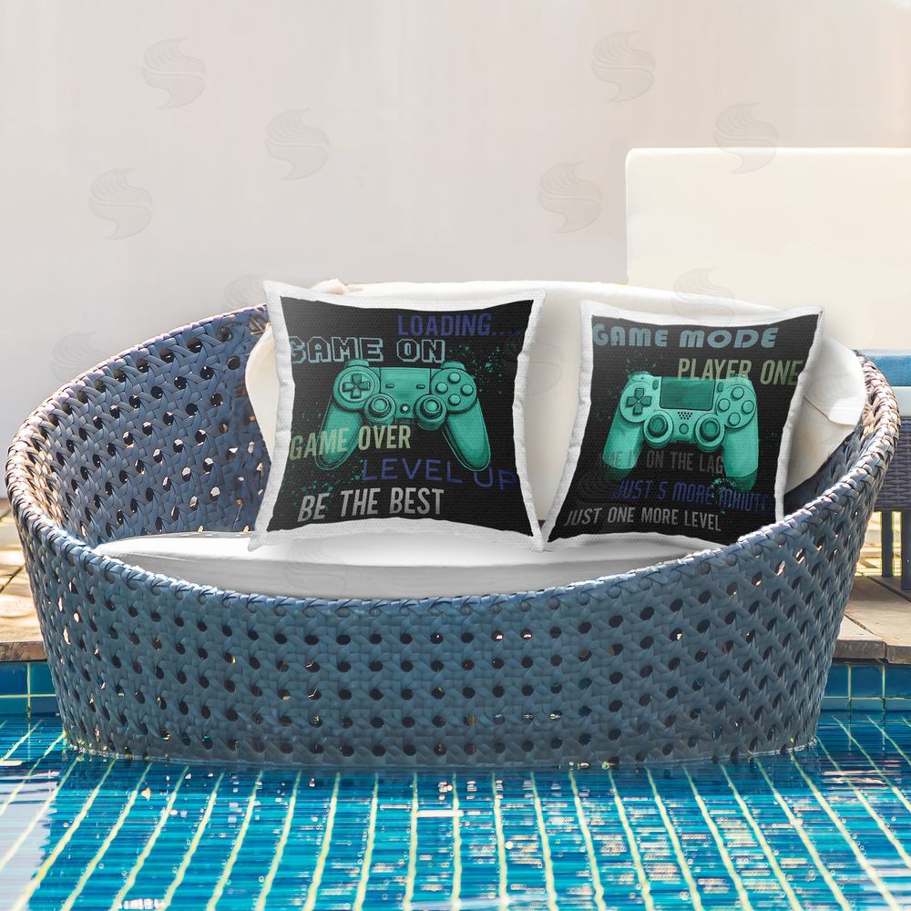 Kim Allen Retro Gaming Phrases Controllers Outdoor Printed Throw Pillow on Patio