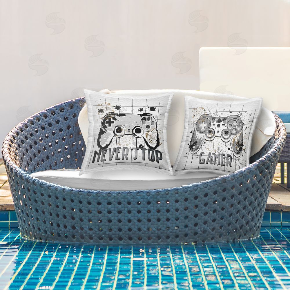 Kim Allen Gamer Words with Modern Pixels Outdoor Printed Throw Pillow on Patio